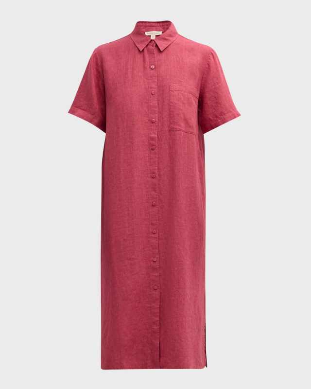 Side-Slit Organic Linen Midi Shirtdress